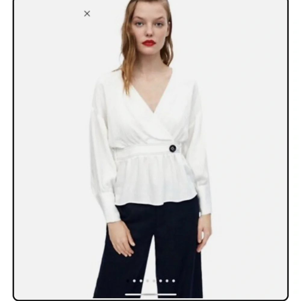ZARA WOMAN White Puff Sleeve BLOUSE Top Elastic Waist Peplum 1165/157 SMALL